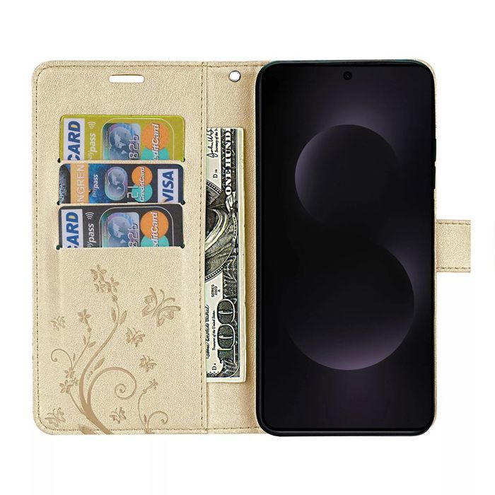 Coque de Protection - BOOLING - pour Samsung Galaxy S25 Edge - Effet Cuir Doré Motif Plante Papillon