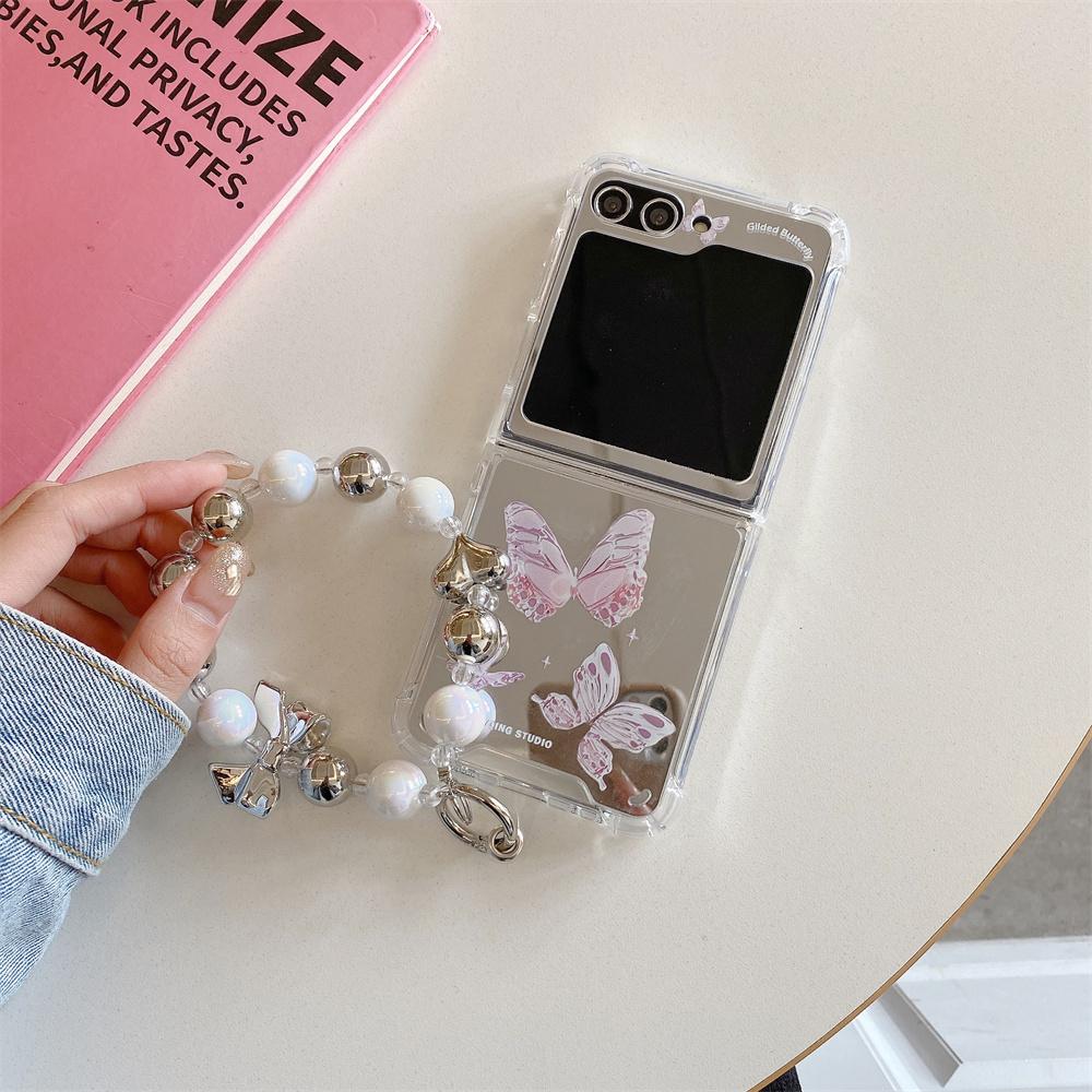 Cute Cartoon Butterfly Bracelet Case for Samsung Galaxy Z Flip 5 4 3 6 Flip5 Flip4 Cat Dog Mirror Make Up Wrist Chain Cover