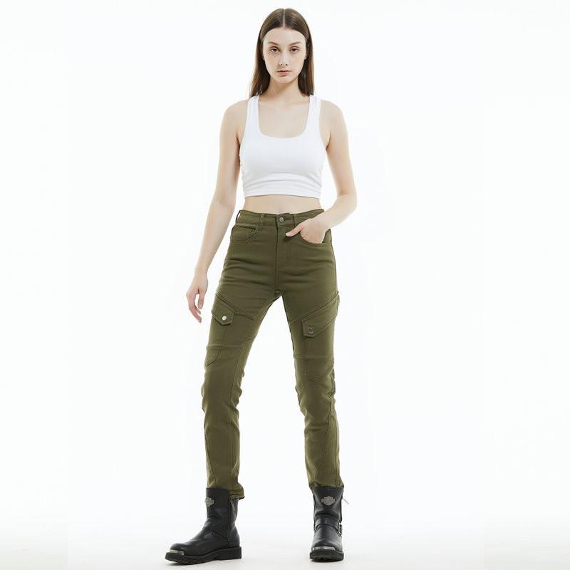 Womens Military Green Motorcycle Riding Pants With Built-in Silicone Armor Protection Street Touring Use