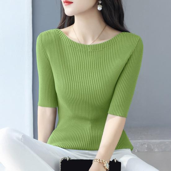 Женские топы Slim Fit, однотонные, ребристые, с круглым вырезом и коротким рукавом, эластичные, с короткими рукавами, топы для повседневной носки