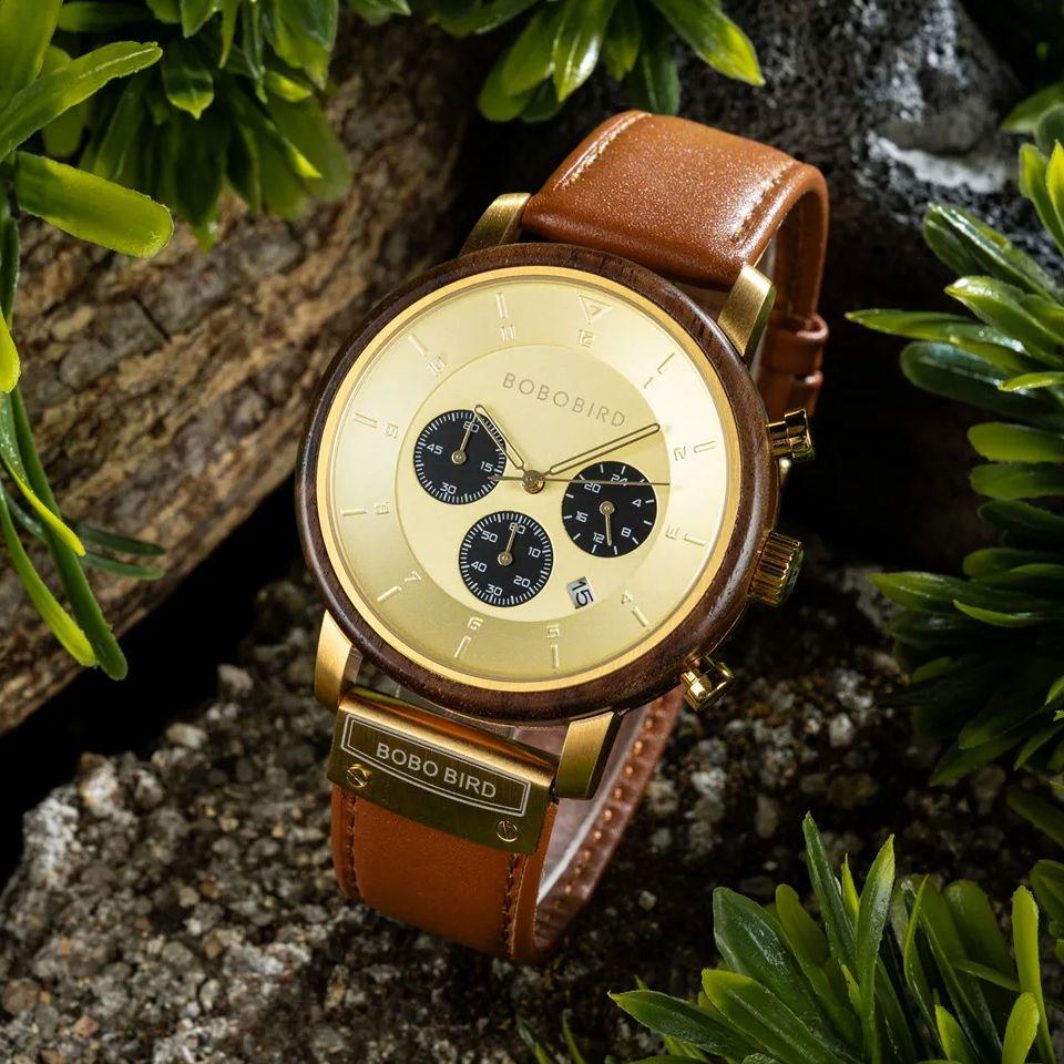 BOBO BIRD Men's Watches Luxury Handmade Wooden Wrist Watch for Men Genuine Leather Band OEM Dropshipping