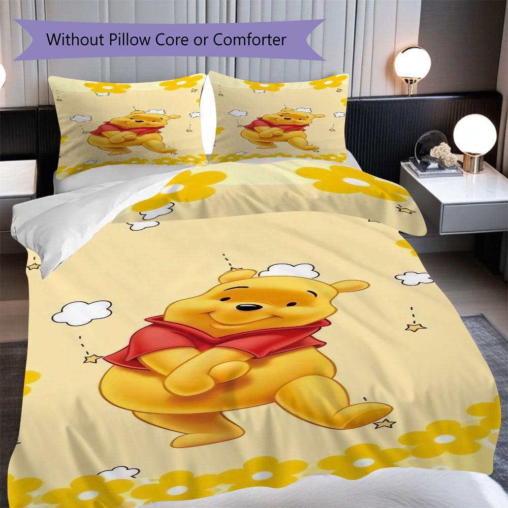 3pcs cartoon duvet cover set (1 duvet cover + 2 pillowcases, duvet insert not included), cute Winnie the Pooh print bedding set.