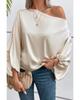 Apricot Asymmetrical Neck Balloon Sleeve Satin Blouse