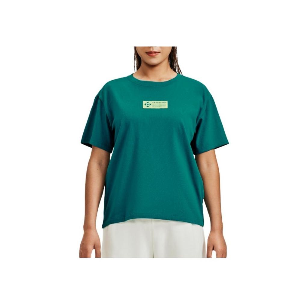 Under Armour Project Rock Logo Print Crew Neck T-Shirt Women Tops Aqua 1376917-722