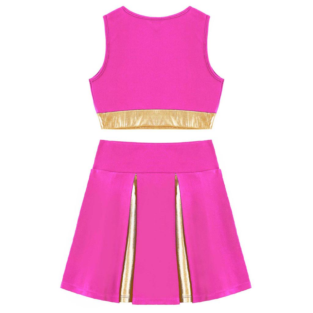 Kids Girls Cheerleading Costume Cheerleader Uniform Sleeveless V Neckline Letter Print Crop Top with Elastic Waistband Skirt