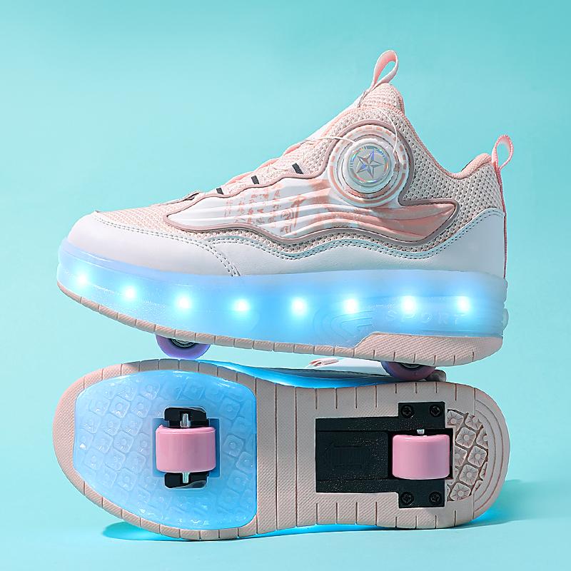31-40 Детские двухколесные спортивные ботинки Роликовые коньки можно спрятать как плоские спортивные туфли Светящиеся спортивные туфли можно заряжать