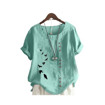 Женская свободная рубашка большого размера, женская повседневная блузка с круглым воротником и принтом, летняя мода, короткий рукав, топ