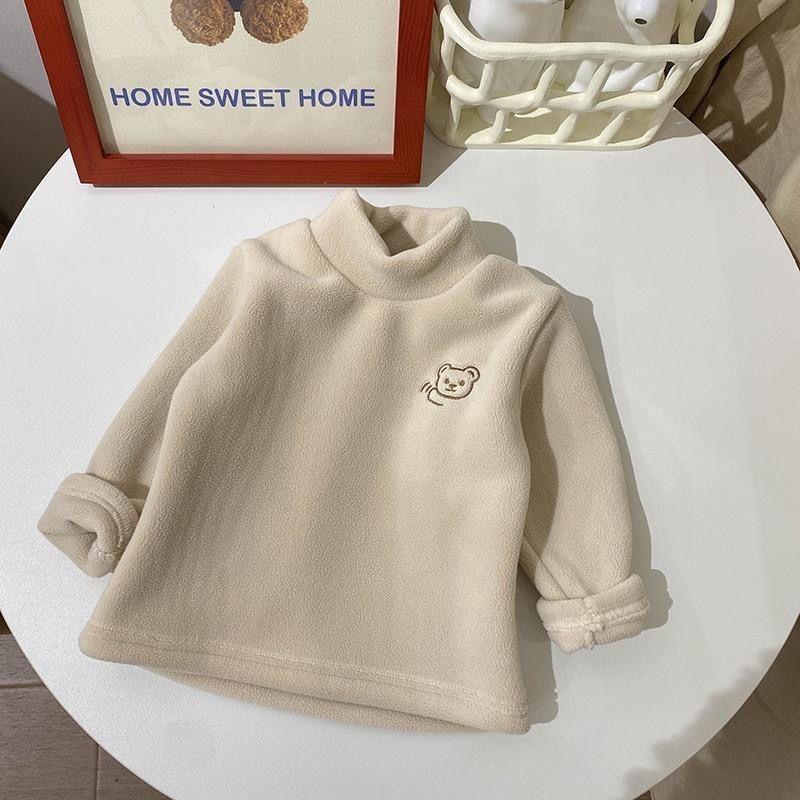Детская бархатная утолщенная основа осенне-зимняя одежда для девочек, теплая толстовка с высоким воротом для мальчиков и медведей, милый пуловер с вышивкой медведя