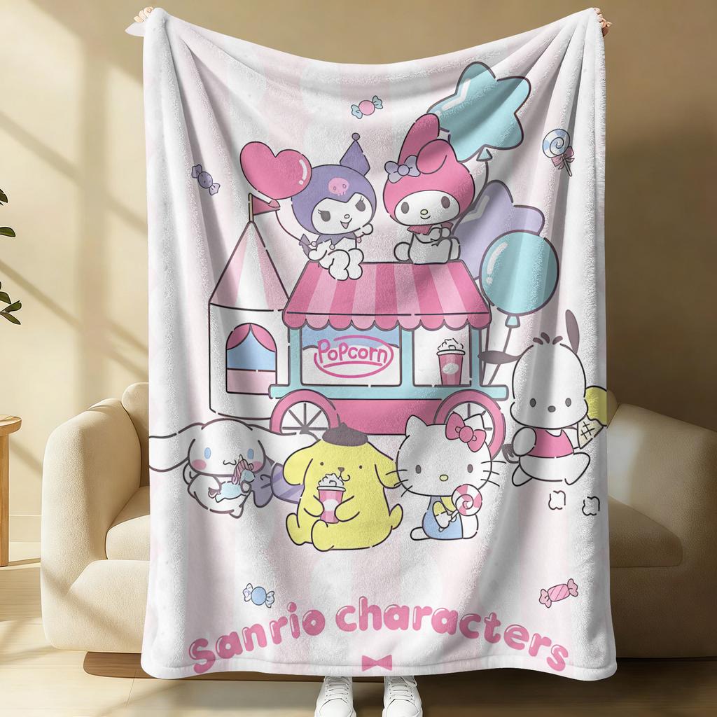Фланелевое одеяло Sanrio All Star Characters Кавайное Хелло Китти Куроми Синнаморолл Радужный принт Плед Постель Диван Комната Эстетика