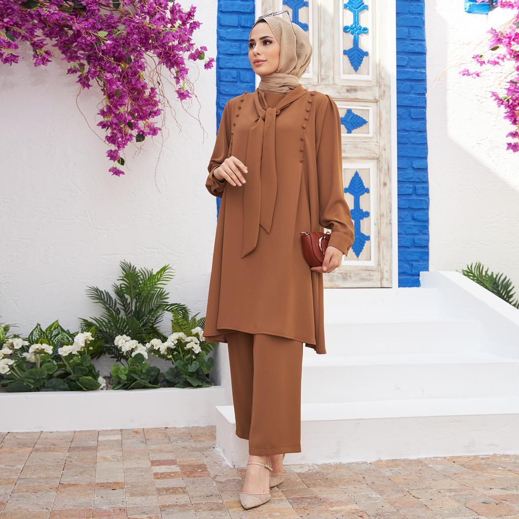 Foulard Collar Women Tunic Pants Double Suit Combine Islamic Muslim Casual Fashion Loose Summer Summer New Season Turkey