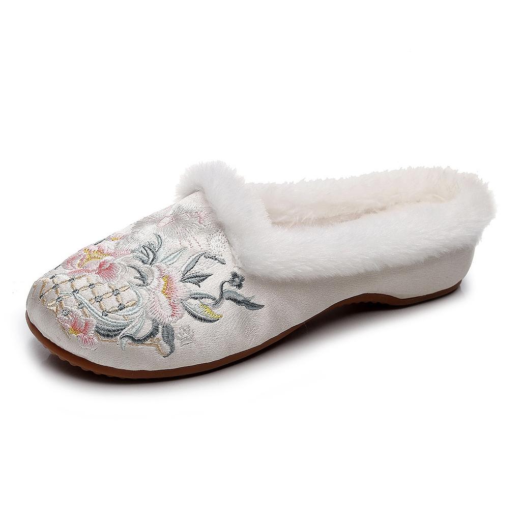 [Meow] 2025 Winter Fleece Old Beijing Cotton Women's Slippers Ethnic Style Embroidery Home Slippers Women