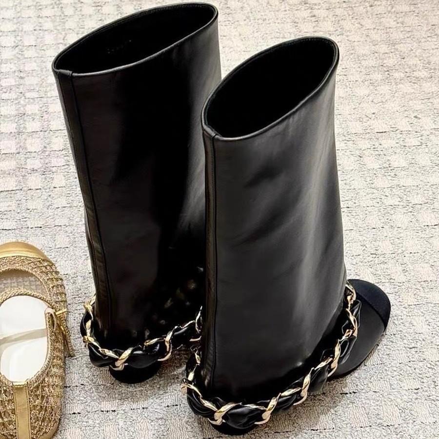 Fashion 2025 Newest Classic Chain Mid-calf Boots Mixed Colors Round Toe Block Chunky Heeled Slip On Black Fashion Women's Modern Boots