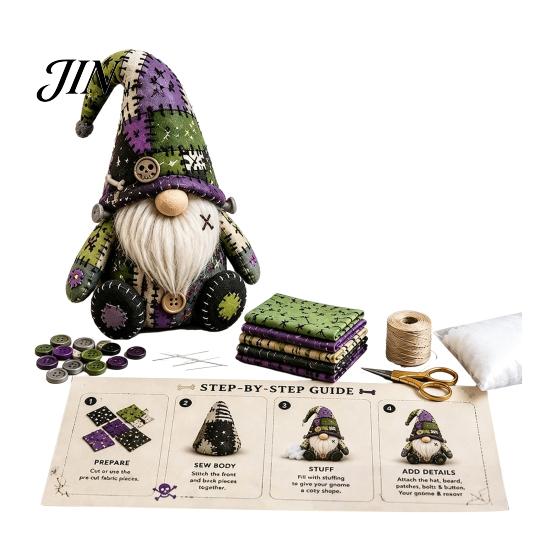Pre-cut Fabric Patchwork Kit Halloween Gnome Kit, Witch Pumpkin Doll DIY Sewing with Pre-Cut Immersive Experience Buttons Needle Thread, Cute