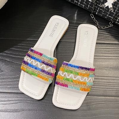 Тапочки для женщин 2024 Новые летние туфли на плоской подошве Дорожные праздничные сандалии Красочные блестящие женские тапочки Zapatos De Mujer
