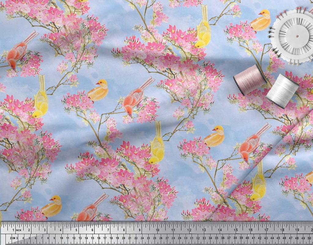 Soimoi Серая полиэфирная креповая ткань с принтом «Цветы и голуби и птицы» шириной 42 дюйма по метрам