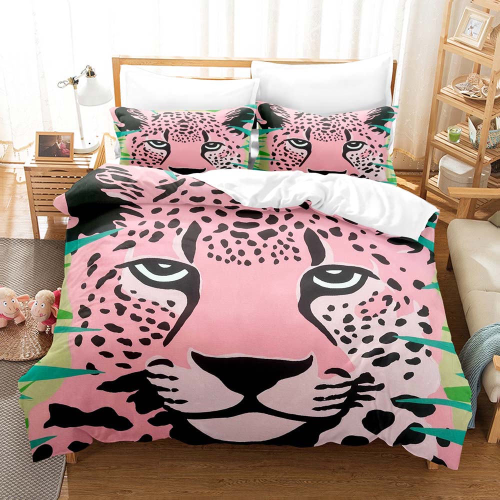 Kawaii Pink Leopard Pattern Three Piece Bedding Set - Luxury Comforter Set with Queen King Size Including household goods Anime