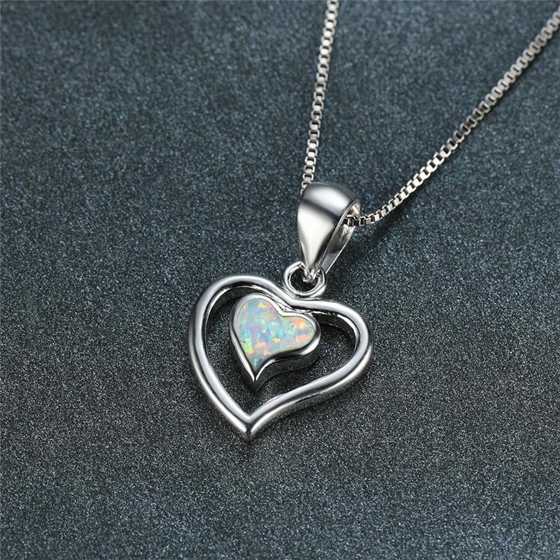 White Blue Fire Opal Cute Heart Pendant Necklaces For Women Romantic Jewelry Vintage Fashion 925 Silver Birthstone Necklace Gift