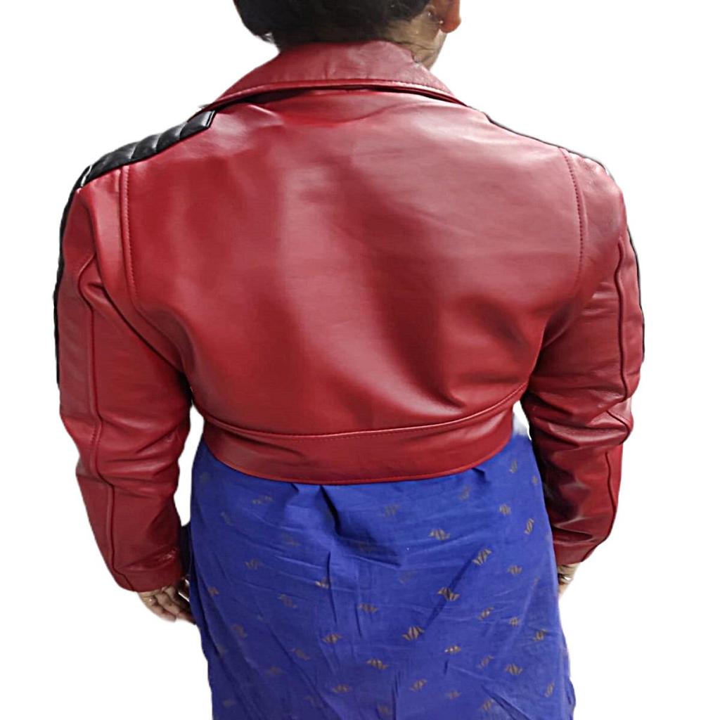 NOORA Women's Red & Black Cropped Slim Fit Beautiful Look Biker Leather Jacket | Clubbing & Party Wear Jacket