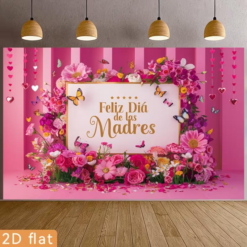 2D Pink Floral Feliz Día de las Madres Backdrop, Photo Booth Background
