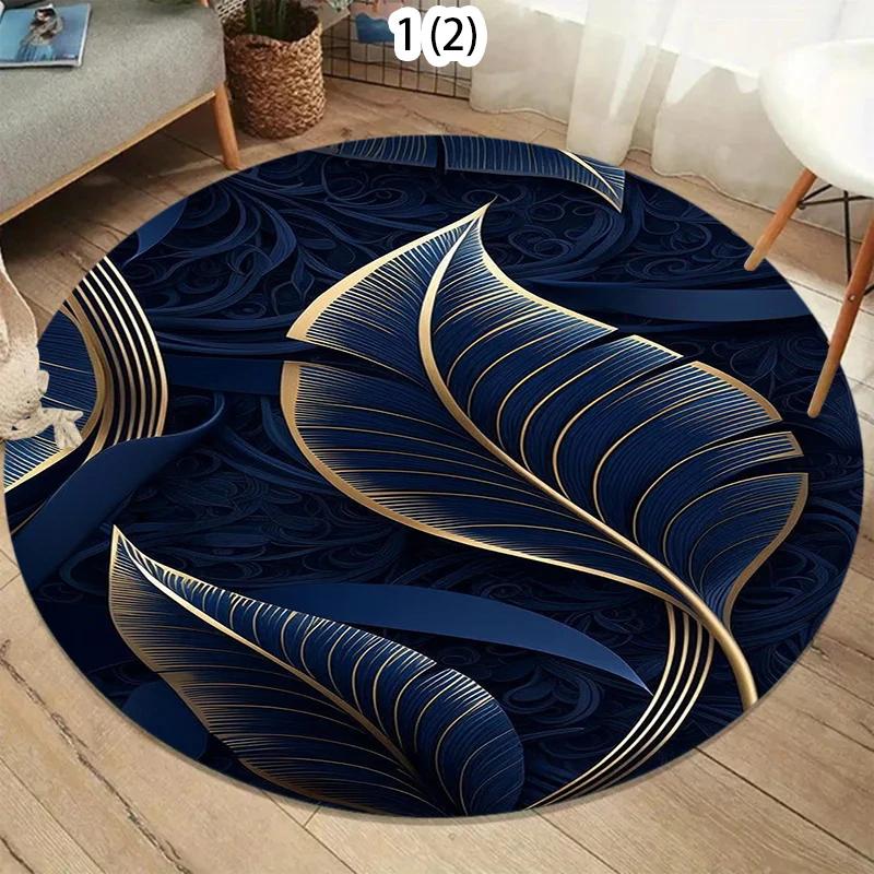 Round Decorative Bath Mat Navy Blue Tropical Feather Design Soft Absorbent Bathroom Rug for Home Decor