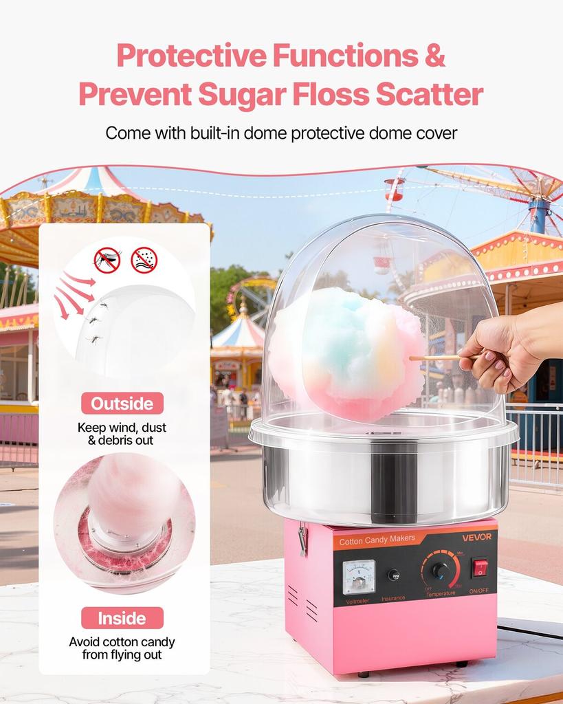 Electric Cotton Candy Machine, 1000W Electric Floss Maker With Cover, Commercial Cotton Candy Machine w/Stainless Steel Bowl & Sugar Scoop, Ideal for
