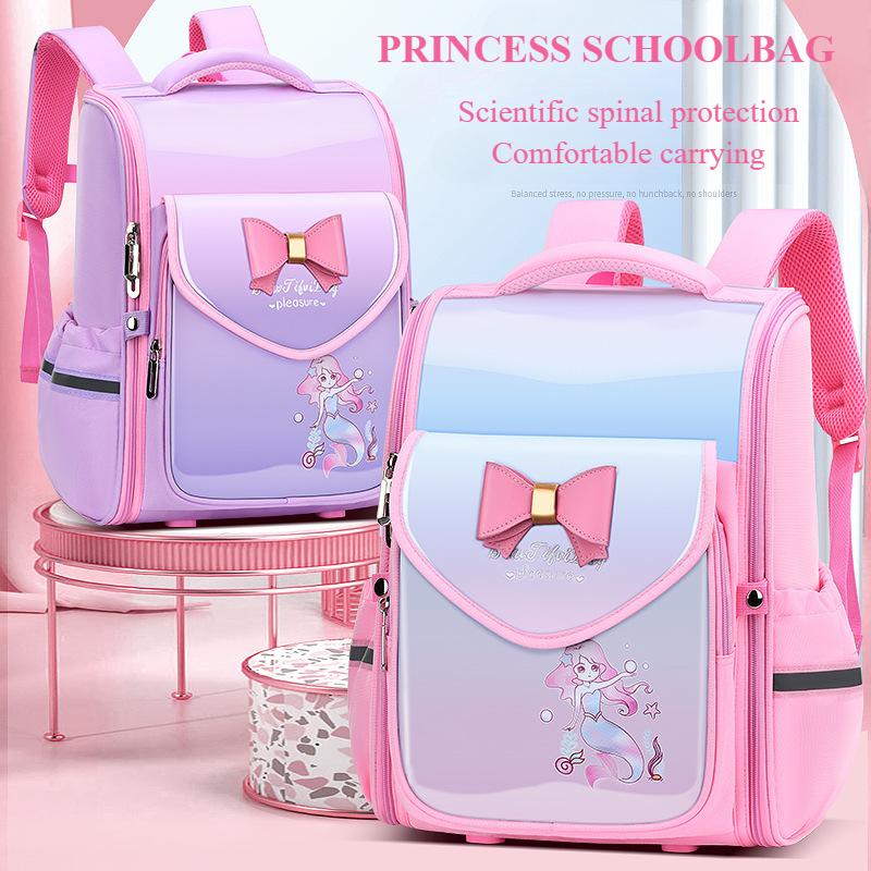 New Fashion Gradient Color Primary Student School Bags for Girls Grade 2-5 Exquisite Bow Cartoon Children Backpack Lightweight Portable Kid's Book Bag