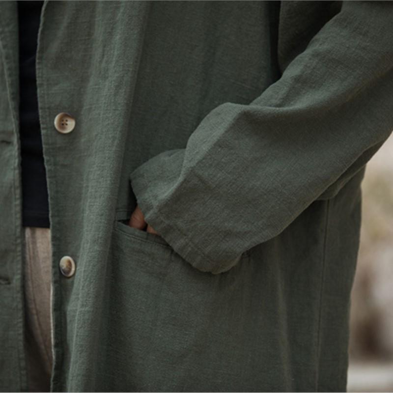 Johnature Women Vintage Ramie Cotton Tailored Coat Solid Color Long Sleeve Pockets Clothes Autumn Loose Coats