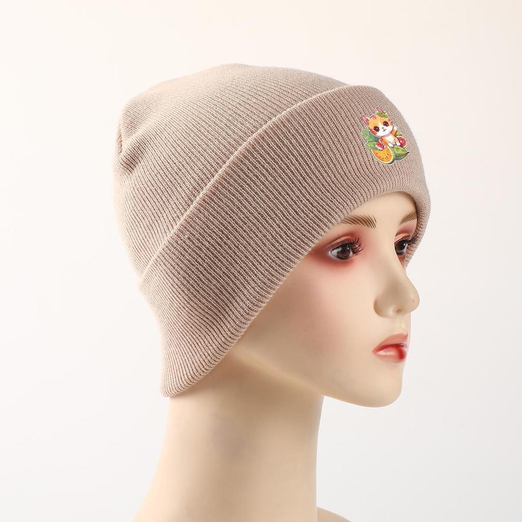 Cat Fruit Print Knit Cap Beanie, Skullies Beanies Winter Stretchy Sporting Bonnet Knitted Hat Beanie