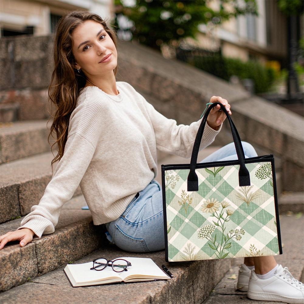 Green Plaid Floral Print Tote Bag Casual Daily Handbag for Outdoor Shopping Commute
