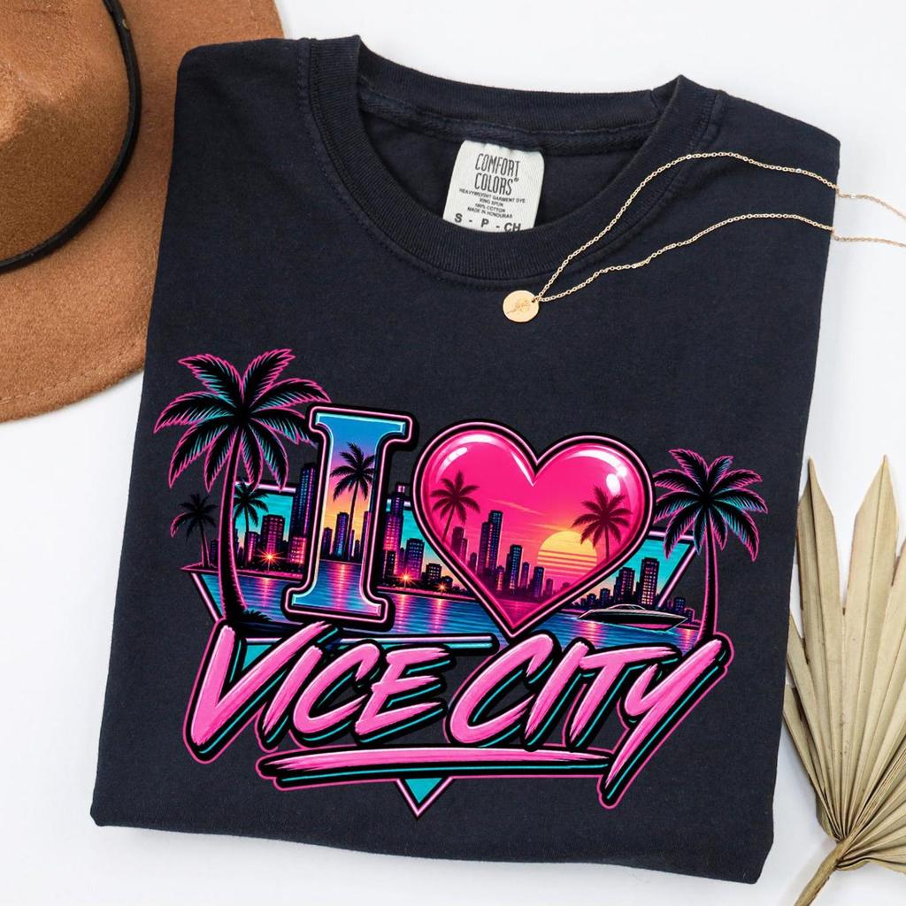 Comfort Colors® I Love Vice City Shirt, Retro Neon Beach Graphic Tee, Tropical Sunset Vacation Shirt, Miami Style Gift