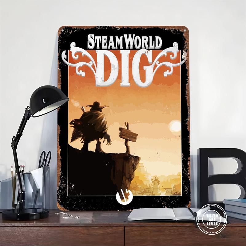 SteamWorld Dig Game Cover Poster Customized Wall Art Vintage Metal Signs Retro Tin Plaque for Man Cave Room Decor Men Coffee Bar
