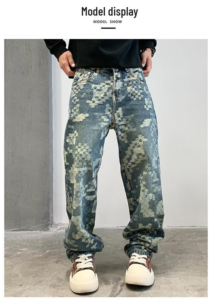 Men's Retro Jacquard Loose Straight-Leg Jeans - Trendy American High Street Style Casual Pants