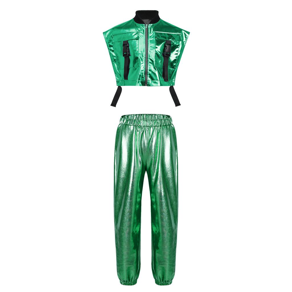 Girls Metallic Vest Jazz Performance Sleeveless Side Zipper Open Shiny Pants Elastic Waistband Dance Set