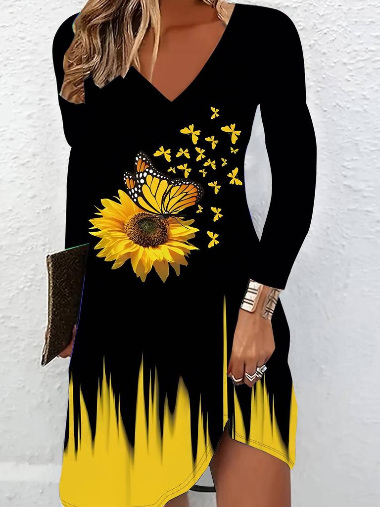 Платье с 3D цветочным принтом, длинными рукавами - Эксклюзивный трендовый предмет для женщин на осень и зиму