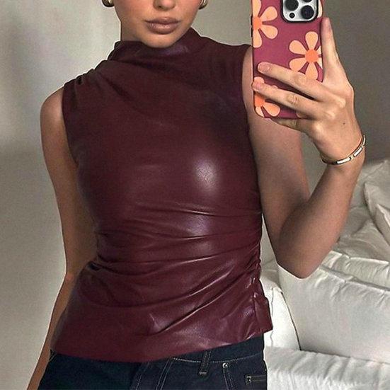 Женский модный мотоциклетный жилет с воротником без рукавов и застежкой-молнией, украшения, топы с неровным подолом, эластичный топ из искусственной кожи