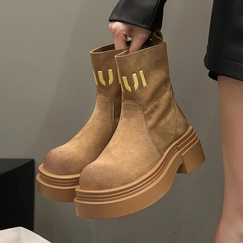 Ботильоны на платформе женские замшевые туфли челси на среднем каблуке женские осень 2024 тренд повседневный готический брендовый дизайн массивные зимние ботинки женские
