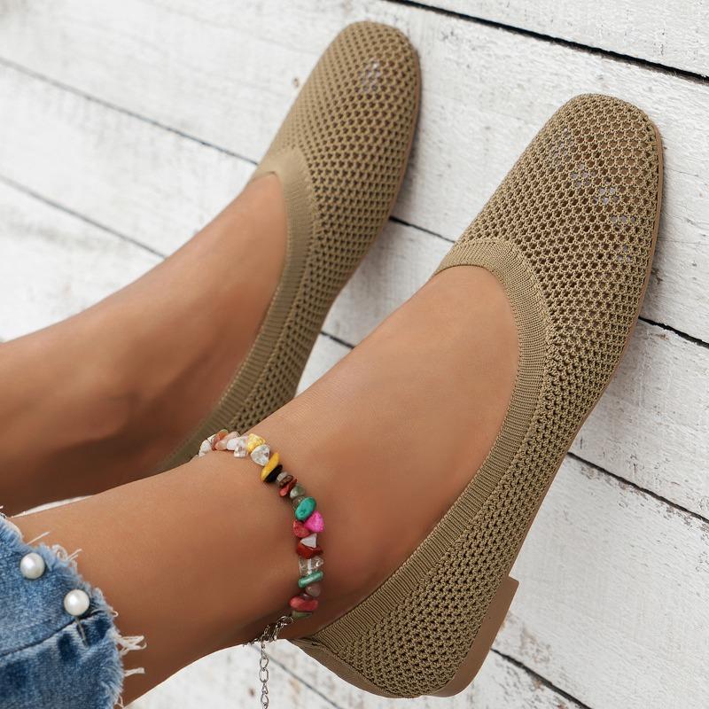 Женские туфли на плоской подошве с квадратной головкой, однотонные вязаные туфли, повседневные дышащие балетки, женские мокасины, кроссовки Zapatos De Mujer