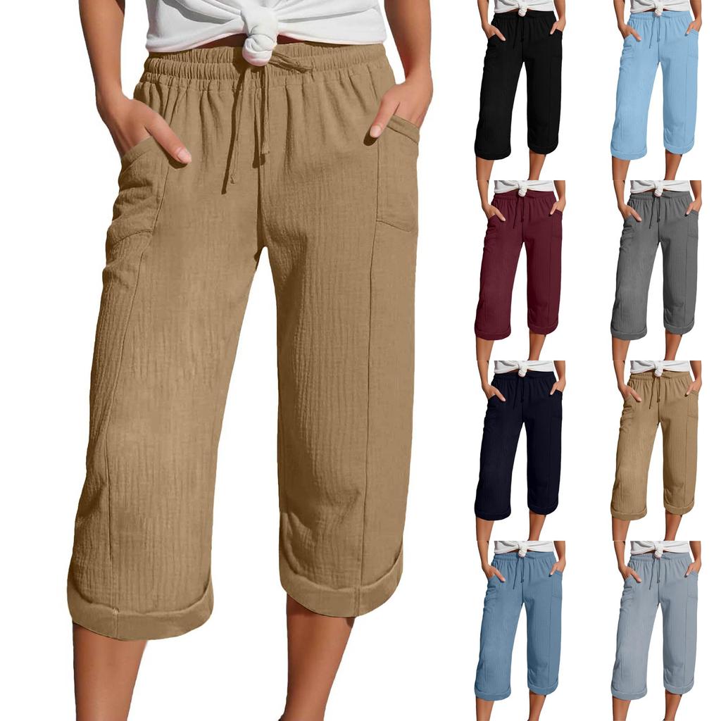 Women's Summer 3/4 Trousers Summer Trousers With Pockets Causal Loose Trousers Fabric Trousers Sport Leisure Beach Trousers