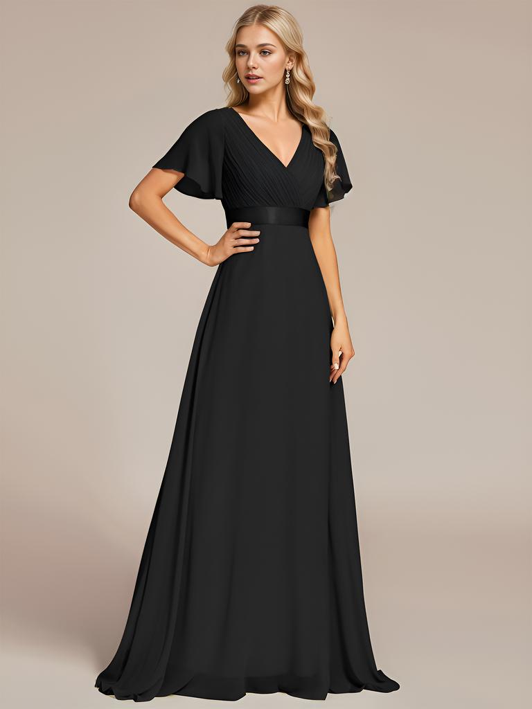 Ever-Pretty Women's Double V-Neck Empire Waist Floor Length Chiffon Evening Dresses with Short Flutter Sleeves