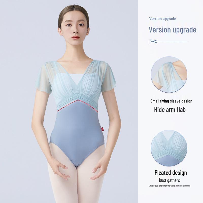 Женский купальник для балета и гимнастики: Танцевальная одежда с короткими рукавами и сборками для йоги и фигурного катания.