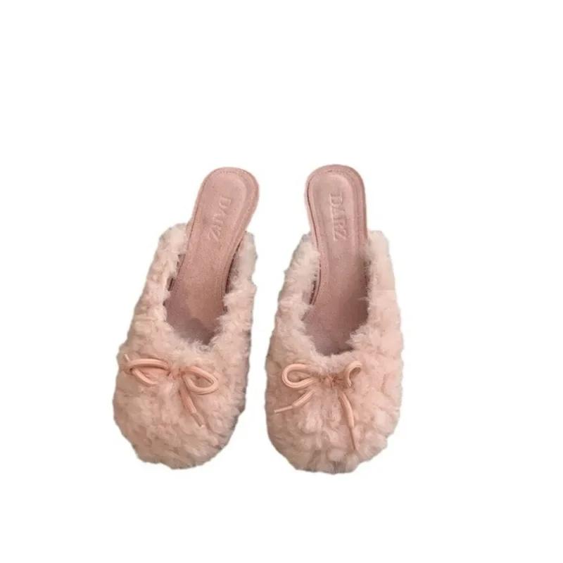 Модные женские модные элегантные тапочки с круглым носком из овечьей шерсти, зимние уличные туфли на высоком каблуке для банкета, плюшевые туфли для женщин Zapatillas Mujer