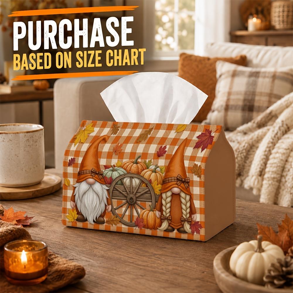 1pc Rustic Farmhouse Tissue Box with Gnome & Pumpkin Wagon Wheel - Durable Napkin Holder Organizer Suitable for Car, Kitchen, Tabletop, Fall Decor, Ho