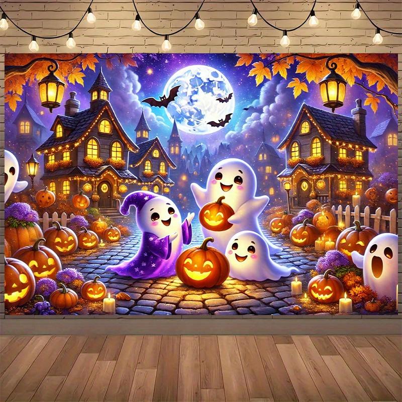 1 piece a dreamy background fabric depicting a celebration of ghosts and pumpkins in the autumn night