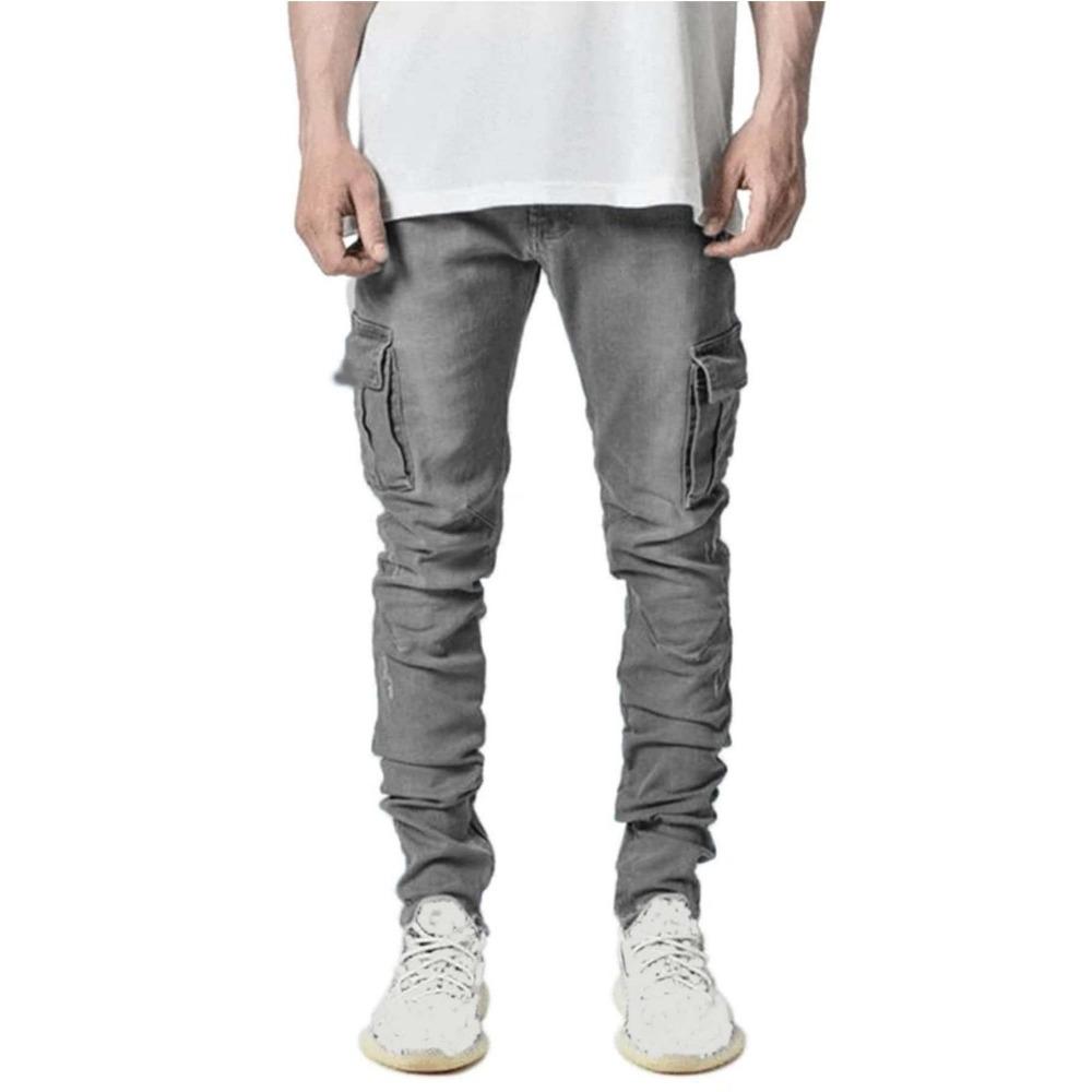 RogueWave Street Elastic Jeans Men Denim Cargo Pants Wash Solid Color Multi Pockets Casual Mid Waist Trousers Slim Fit Daily Wear Joggers