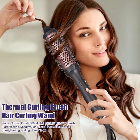 Проводная щетка для завивки волос 38 мм со светодиодным дисплеем, термощетка, быстрый нагрев, круглая щетка с отрицательными ионами, электрическая плойка для выпрямления волос, инструменты для завивки
