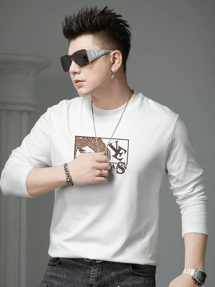European Style 2025 New Long-Sleeve T-Shirt for Men, Autumn Trendy Brand Printed Rhinestone Base Shirt, Men's Top with Round Neck