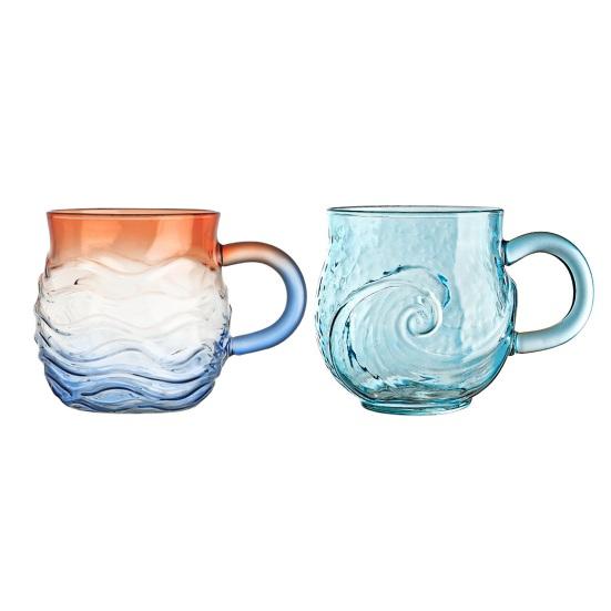 Кружка для напитков 'Закатная волна' 393 мл, уникальная текстура морского стекла, градиентный цвет, стакан для холодных напитков, ручная работа, декор для дома