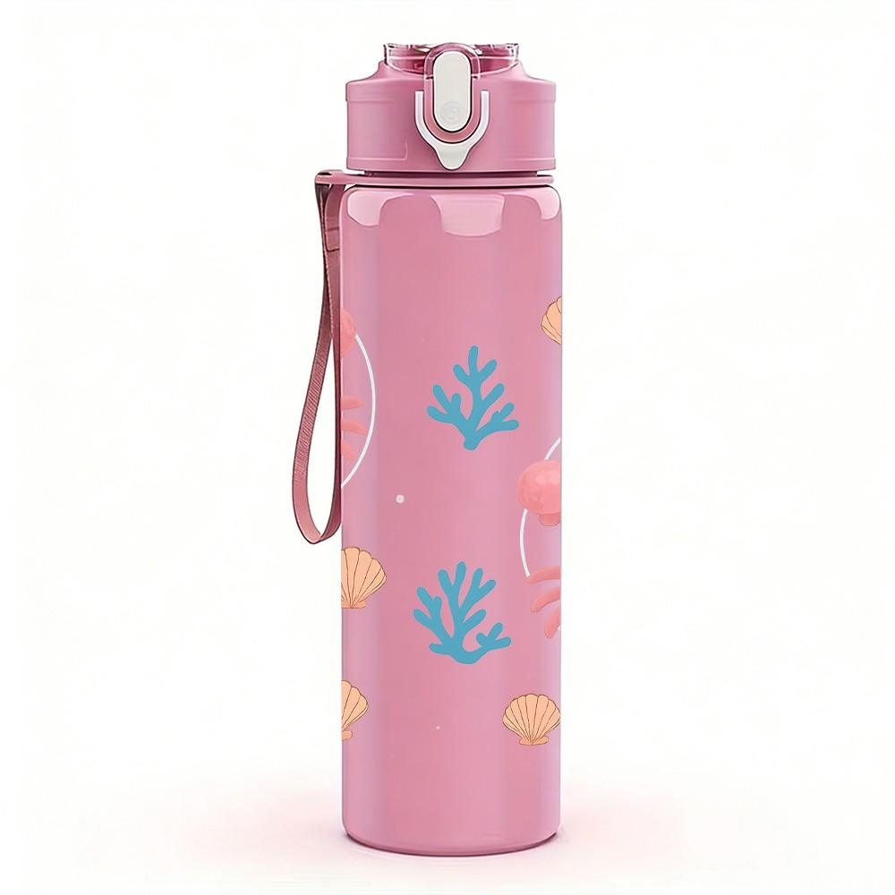 1PC Pink Crab Ocean Seamless Pattern 750ml Color Plastic Sports Water Bottle Leakproof Flip Straw Lid Suitable for Sports Office Home Use