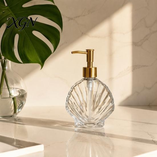 Lotion Glass Container 400ML Beach Seashell Refillable Soap Dispenser, Liquid Hand Bottle Container, Pump for Bathroom Kitchen Countertop Dispenser