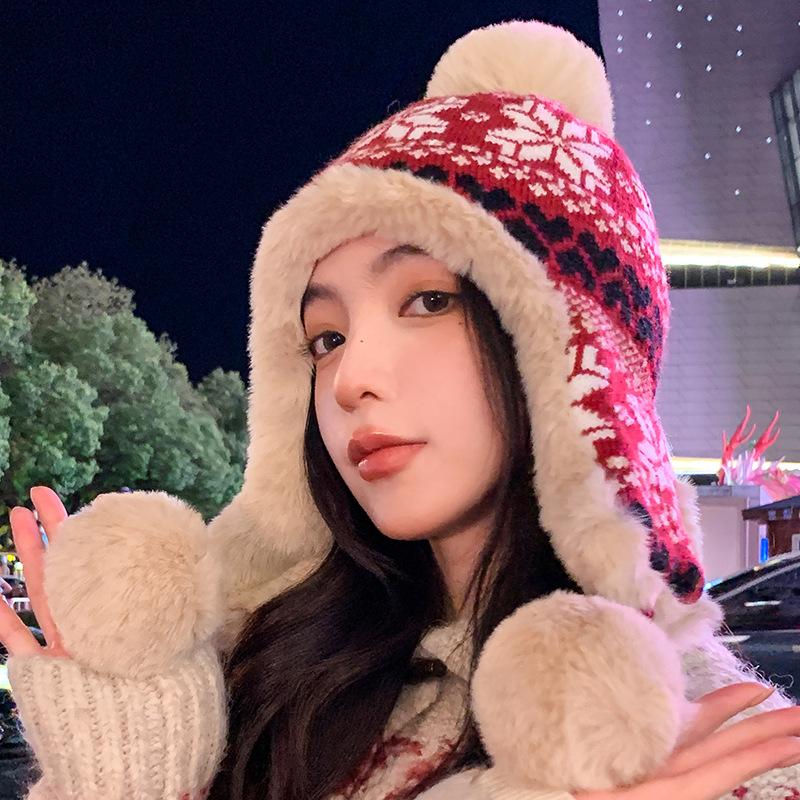 Женская зимняя вязаная шапка-бини с ушами, длинная защита ушей, эластичная и плотная